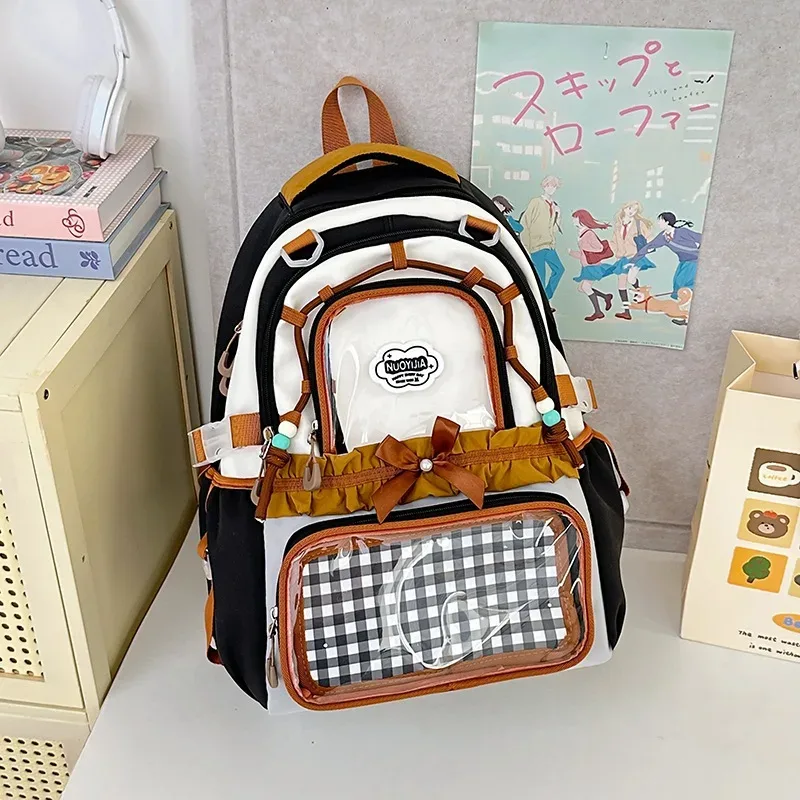 sac à dos coréen à nœud papillon, grande capacité, esthétique soignée, couleur transparente contrastante, pour l'école