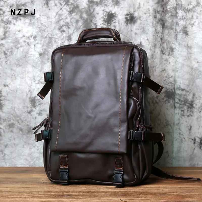 sac à dos en cuir pour hommes, couche supérieure en cuir, loisirs, business, voyage, grande capacité, ordinateur, cartable pour femmes, nzpj