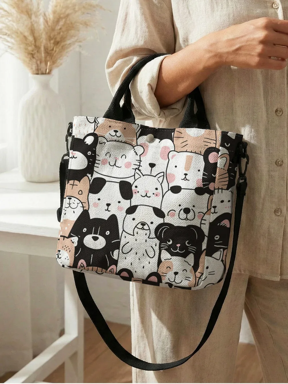 sac fourre-tout en toile à imprimé animalier mignon, avec bandoulière amovible, sac à main bandoulière pour femme, pour les courses quotidiennes