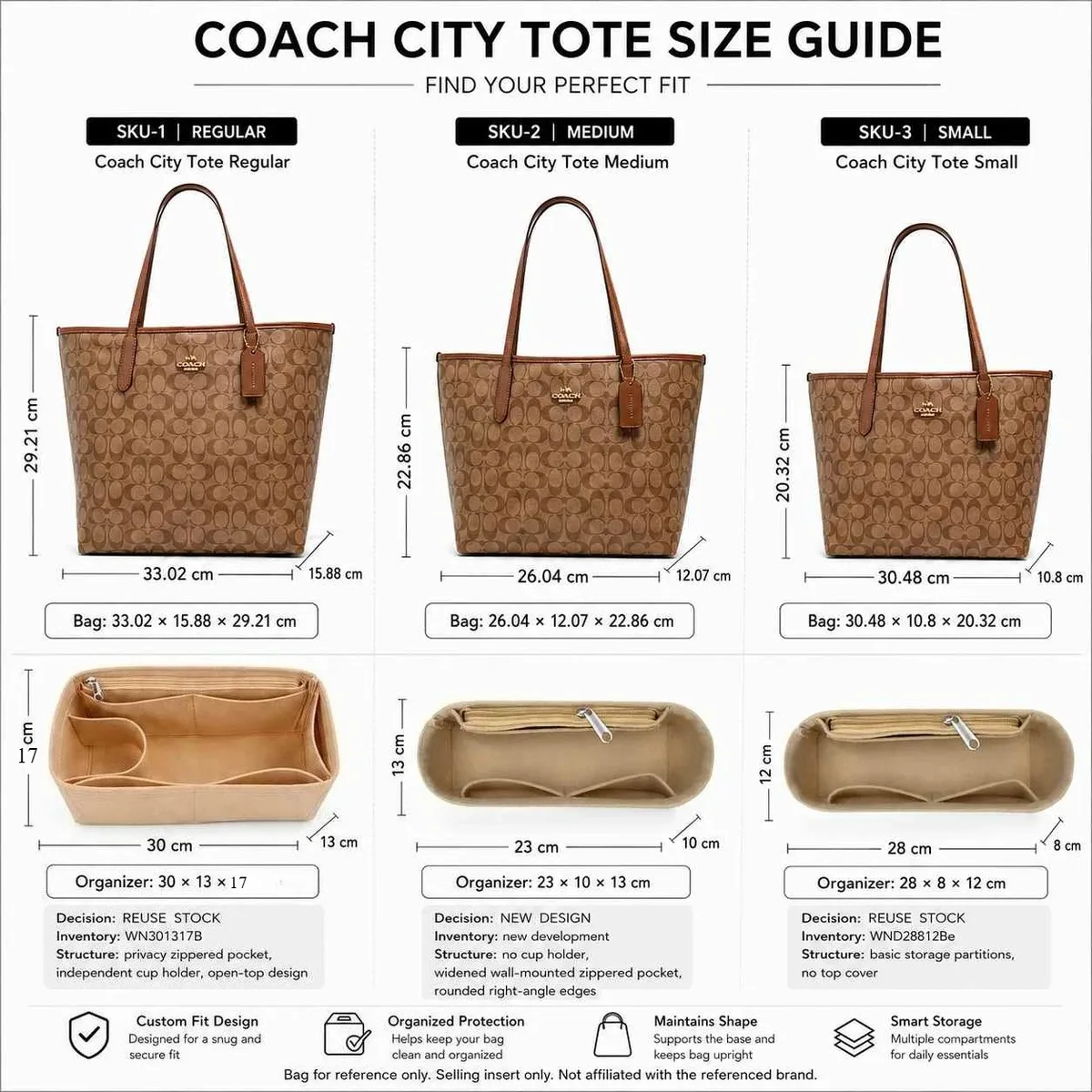 organisateur de sac à main en feutre, doublure structurée pour un rangement quotidien, compatible avec les sacs coach city tote de tailles régulière, moyenne et petite.