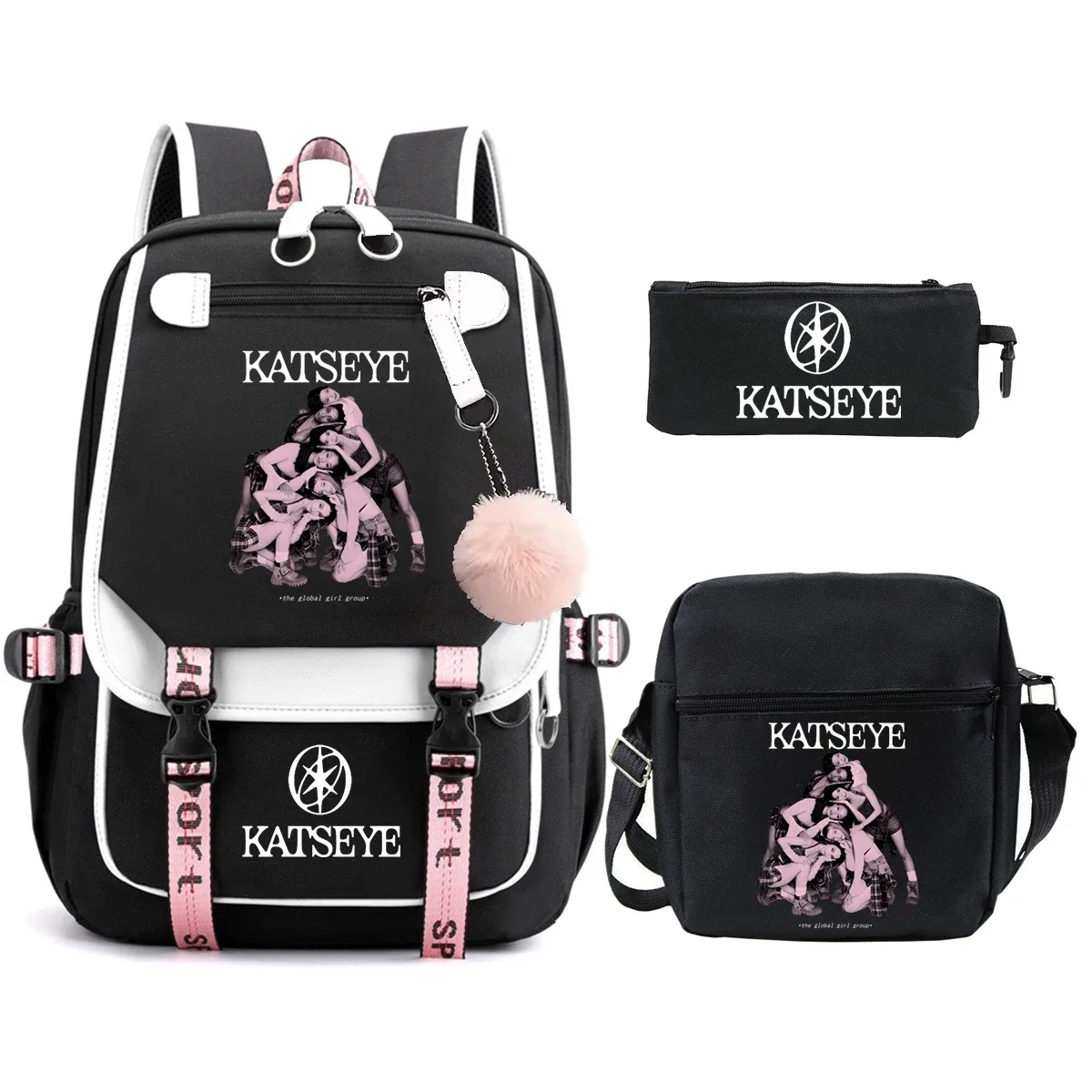 sac dos toile noire rose pastel groupe féminin dessin animé pochette bandoulière poches ouvertes courbe physiologique dos décontracté voyager étudiant scolaire ordinateur portable