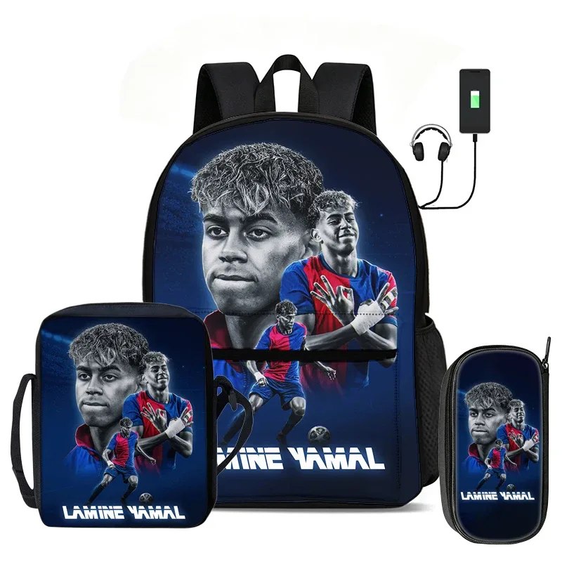 l-lamin yamal ensemble de 3 pièces : sac à dos, sac à bandoulière, trousse à crayons, sac à dos de sport pour enfants, motif star de football