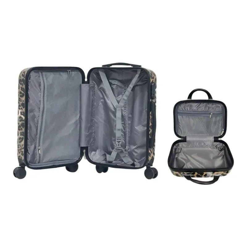 valise motif léopard beige roulettes noires poignée supérieure compartiments intérieur gris clair voyage femme