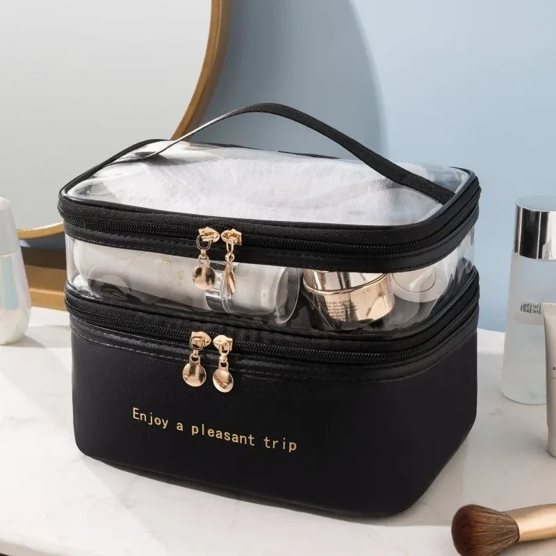 sac à cosmétiques double transparent en pu, sac de lavage portable, sacs de maquillage de grande capacité, trousse de toilette de voyage étanche, sacs de rangement