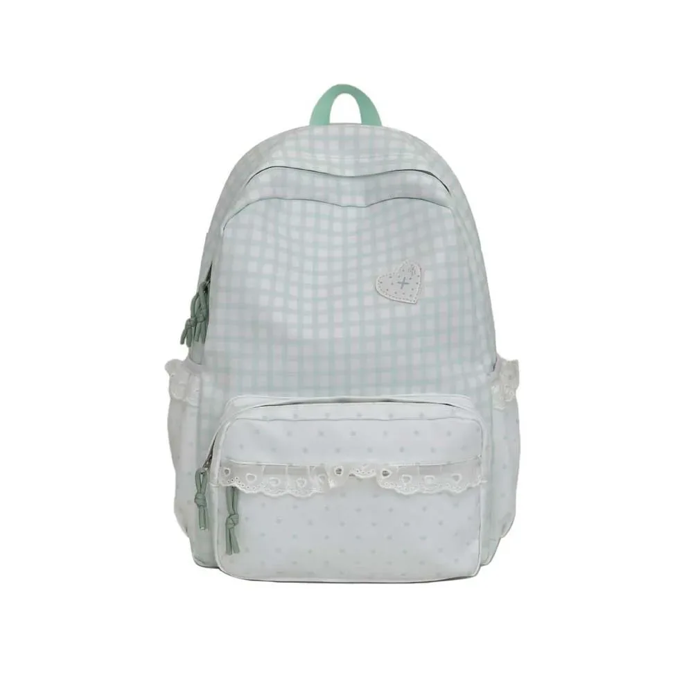 sac à dos coréen à carreaux gingham, design à volants, couleurs pastel, sac d'école en dentelle, bretelles réglables, sac à dos à pois et à carreaux pour le quotidien et les voyages