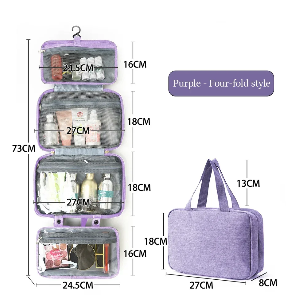 trousse de toilette cosmétique multifonctionnelle, 4 plis, résistante à l'eau, séparation sèche et humide, portable pour voyage, pinceaux cosmétiques, articles de toilette