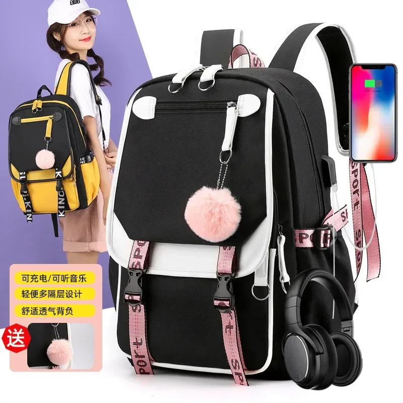 sac dos polyester noir bandes blanches roses poche devant dessin fille ailes étoile portable voyager