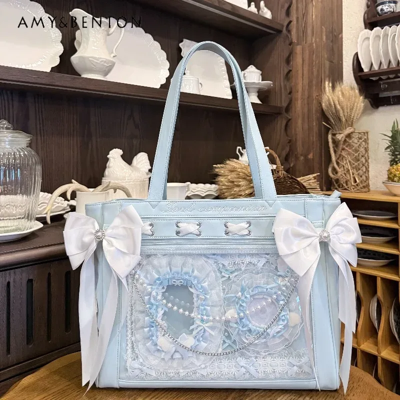 Sac messager en cuir PU série SC Mine, sac fourre-tout avec nœud en strass, ruban et pendentif perle, grande capacité, Itabag bidimensionnel pour femme
