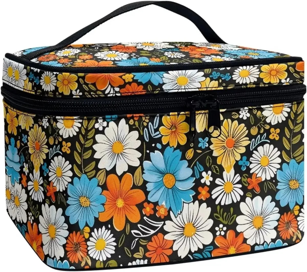 trousse polyester motif floral champignons poignée noire bleu jaune rouge vert voyage maquillage cosmétiques