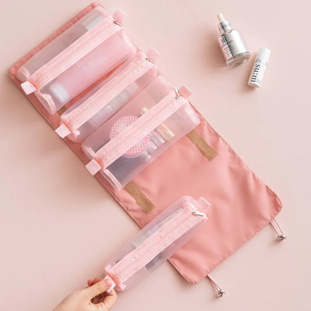 trousse à cosmétiques en maille 4 en 1, trousse de maquillage pliable, trousse de maquillage portable, trousse de toilette de voyage, trousse de rangement pour rouge à lèvres, poudres, évaluation, nouveau