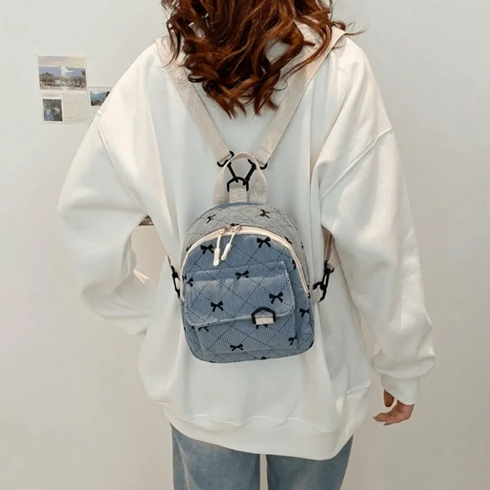 mini sac à dos en velours côtelé avec nœud imprimé, sac à bandoulière léger, style coréen, sac à dos à plusieurs nœuds pour adolescentes