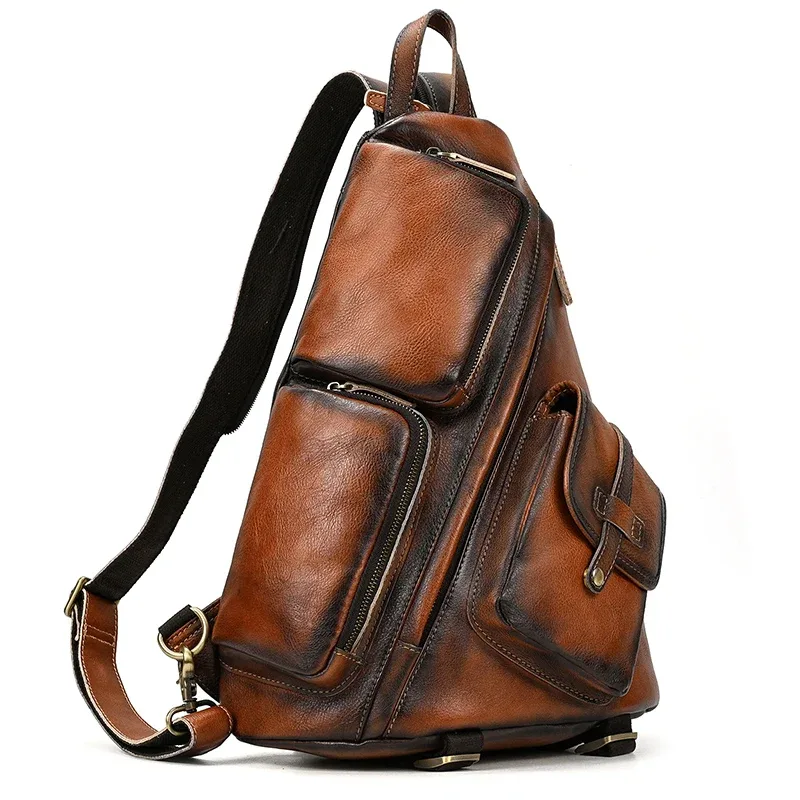 sac à dos de poitrine en cuir véritable pour motard, sacs d'équitation en plein air pour hommes, sacs à bandoulière pour hommes, cuir de vache, initié unique