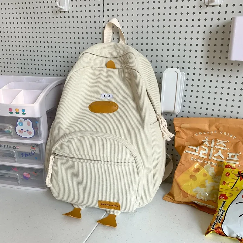 sac à dos en velours côtelé avec motif de canard mignon, grande capacité, design 3d avec pattes de canard, léger, décontracté, pour étudiants, adolescents, voyages