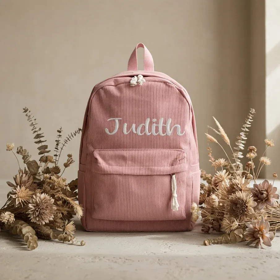 sac à dos en velours côtelé personnalisé pour femmes, broderie vintage, nom personnalisé, sac d'école pour adolescentes, sac de voyage pour étudiantes, grande capacité
