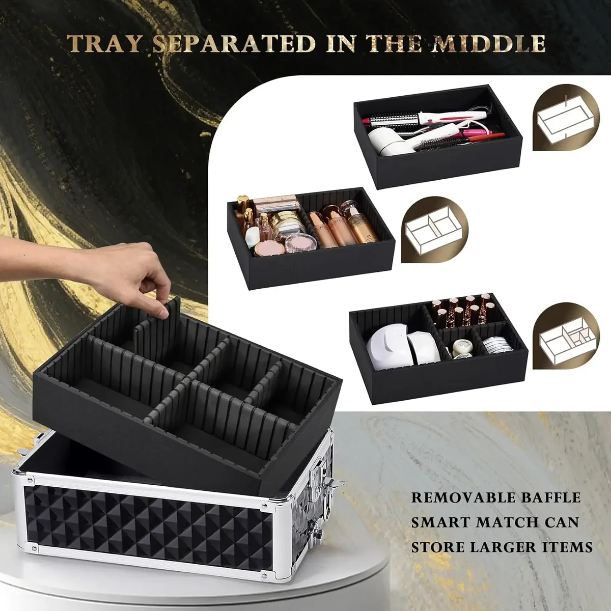 valise de maquillage professionnelle sur roulettes 4 en 1, cadre en aluminium, valise rigide pour cosmétologie sur roulettes, valise de voyage à roulettes avec clés, grande capacité, valise à roulettes avec 4 plateaux, valise de voyage pour tatouage, organisateur de cosmétiques et de vernis à ongles, boîte de rangement noire.
