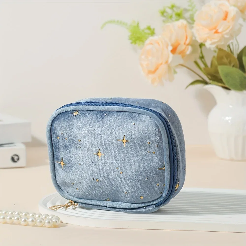 trousse de maquillage en velours sparkling star, pochette multi-usage de grande capacité avec fermeture éclair dorée pour pièces de monnaie de maquillage, 4 couleurs
