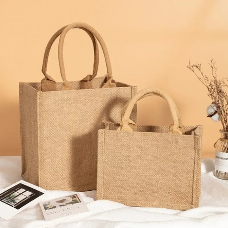 sac fourre-tout en lin vintage pour femmes, sacs à main de plage d'été, sac de bricolage rétro, sac à cuillère portable, sac à provisions multiple top foy