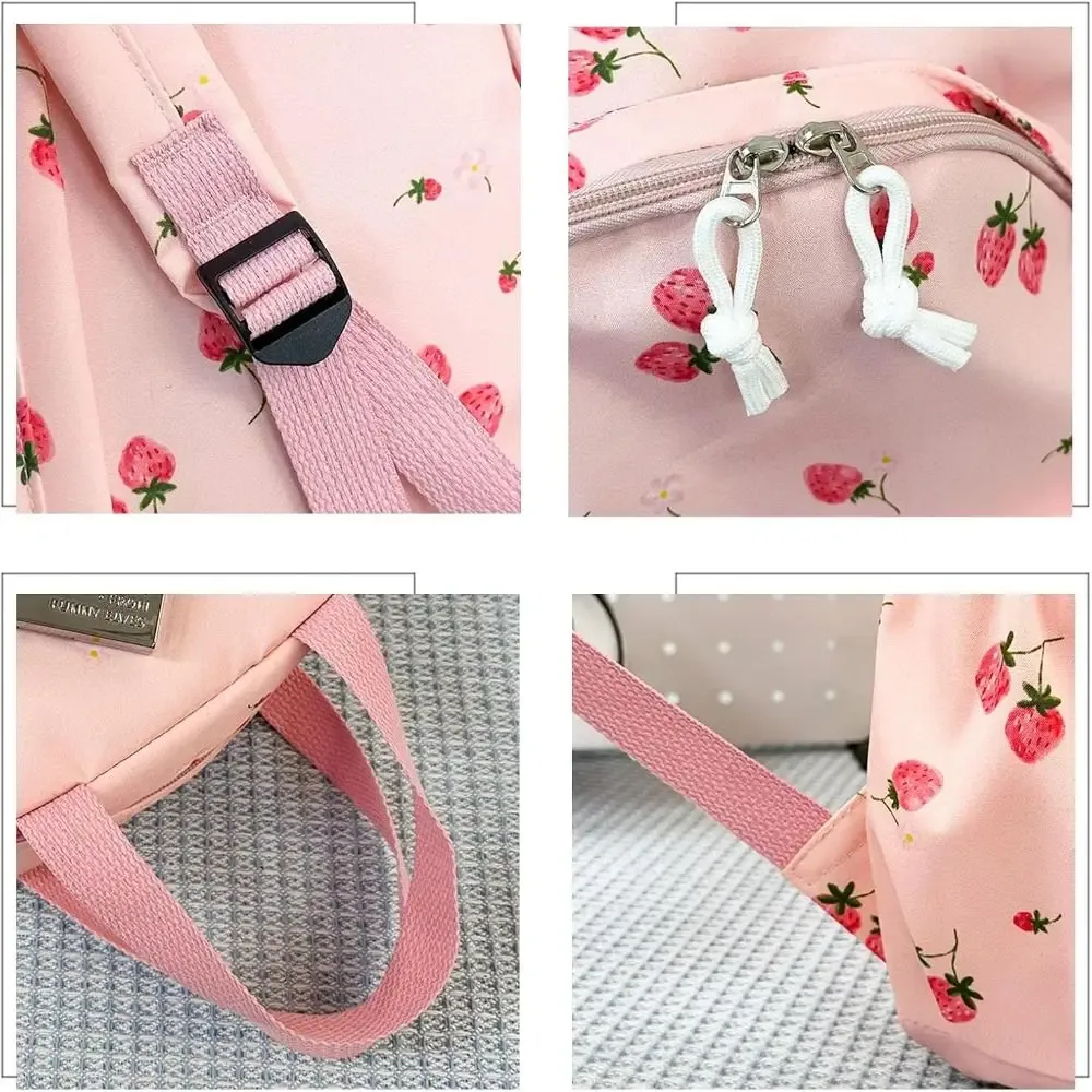 sac à dos fraise en tissu oxford, sac d'école réglable de grande capacité, style preppy avec sac à déjeuner et trousse à crayons, sac à dos de voyage