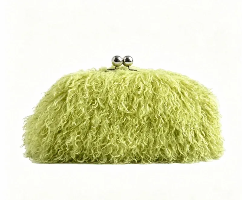 sac à main en fausse fourrure kisslock pour femme, pochette chaude et moelleuse pour l'hiver, sac à fermoir à cadre, rouge, jaune, orange, rose, beige