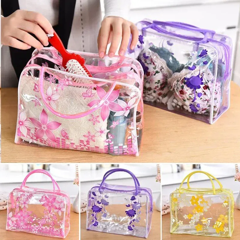 sacs de maquillage portables transparents en pvc, sac à cosmétiques étanche à fleurs pour femmes, sac de rangement de toilette de voyage, pochettes de rangement de douche