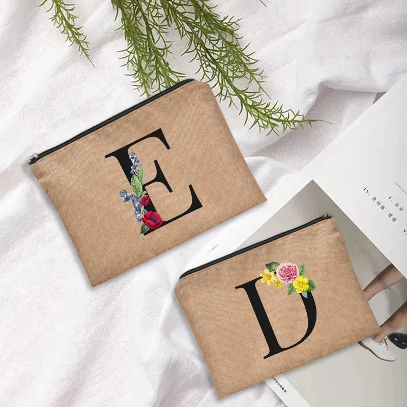 pochette en lin à fermeture éclair pour femmes, imprimé de lettres florales, étui de rangement de voyage, sac à cosmétiques, trousse de maquillage, sacs de maquillage de demoiselle d'honneur