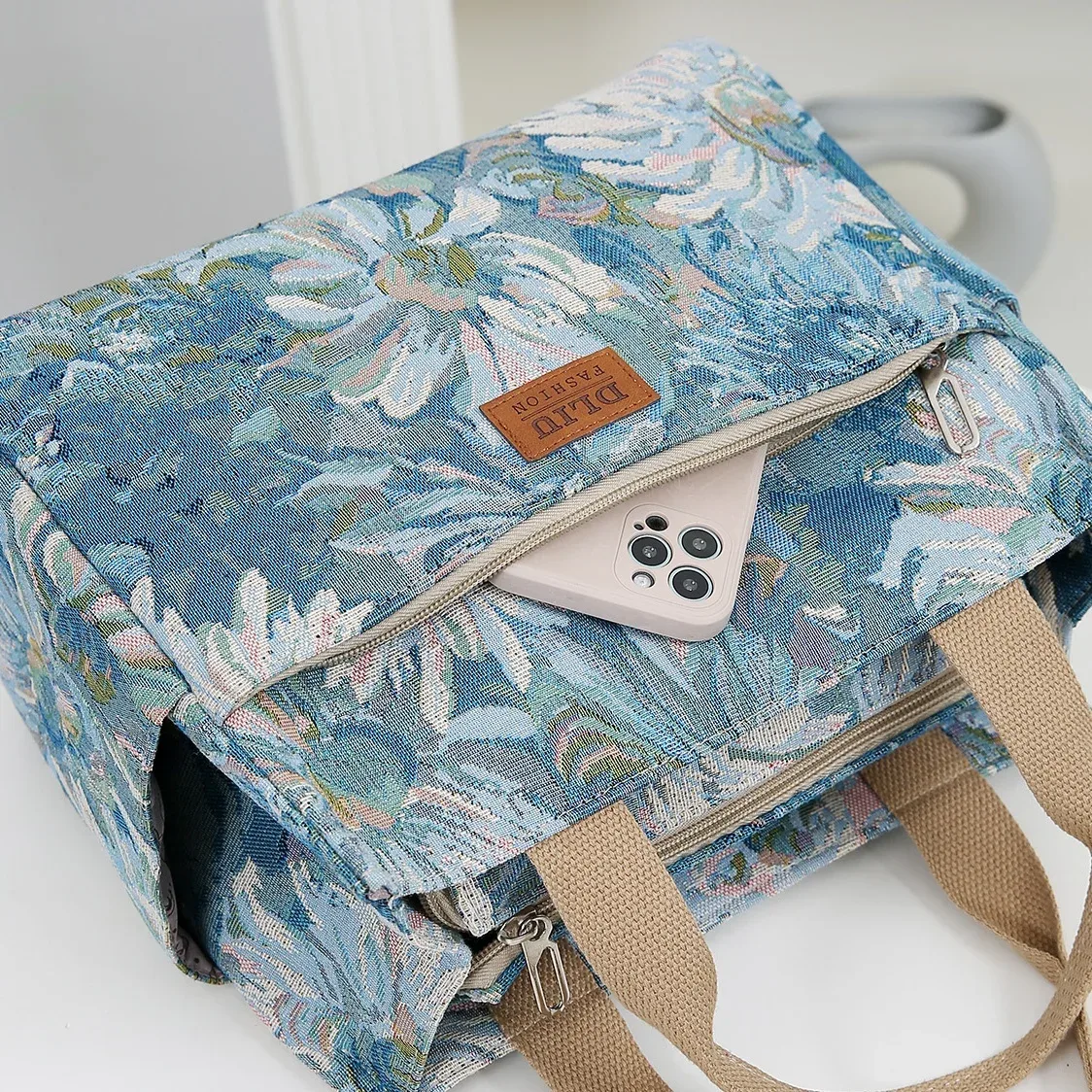 nouveau sac à main en tissu épais de grande capacité, sac fourre-tout, sac de shopping, sac polyvalent, sac à lunch, sac bento, motif floral