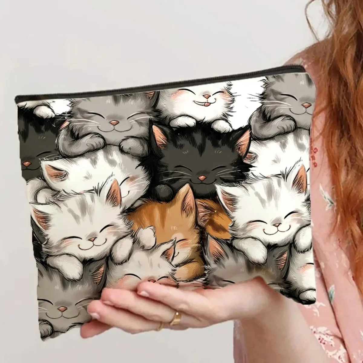 Un joli sac de maquillage à motifs de chat empilé-pochette multifonctionnelle à fermeture éclair, sac de rangement de bijoux, petit rangement parfait à fermeture éclair pour voyage