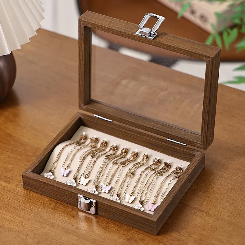 boîte à bijoux motif noyer avec couvercle, étui de rangement pour bagues, boucles d'oreilles, bracelets, chaînes, plateau de présentation en bois dur de style décontracté