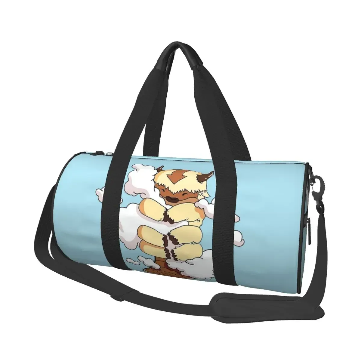 sac voyage polyester motif bœufs stylisés poignée amovible bande épaule usage week end sport cylindrique durabilité