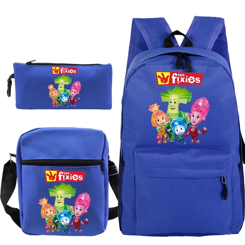 sac dos toile polyester imprimé personnages colorés the fixies unisexe décontracté compartiment intérieur bandoulière arquée fermeture éclair bleu noir gris voyage enfant
