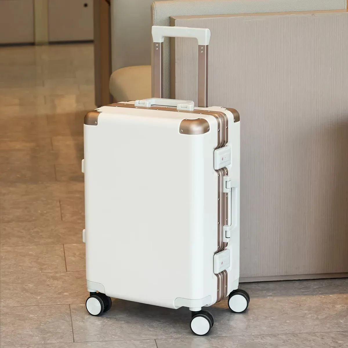 valise bagage roulante pc grise dorée toupies sécurité voyage grande capacité transport vêtements accessoires