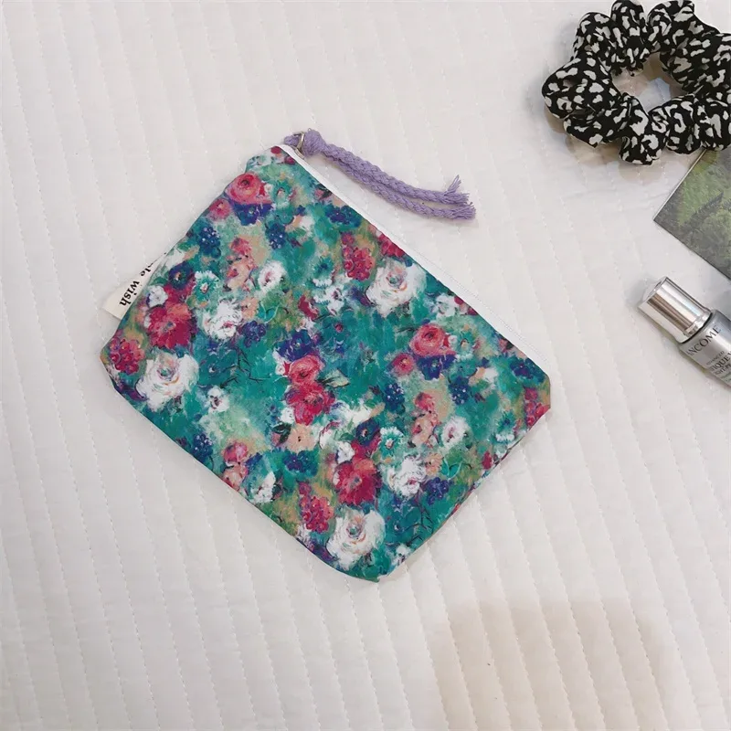 porte-monnaie en coton imprimé floral frais d'été, mini sac de rangement en tissu, petit sac pour écouteurs, pochette de voyage pour cosmétiques, sac de rangement pour maquillage