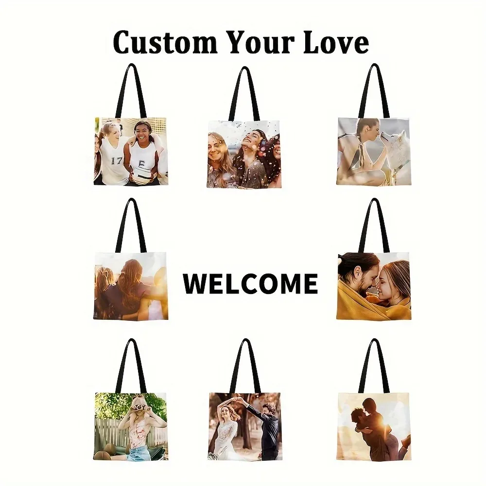sac fourre-tout photo personnalisé, sac à bandoulière d'épicerie réutilisable personnalisé avec pochette de rangement en polyester pliable