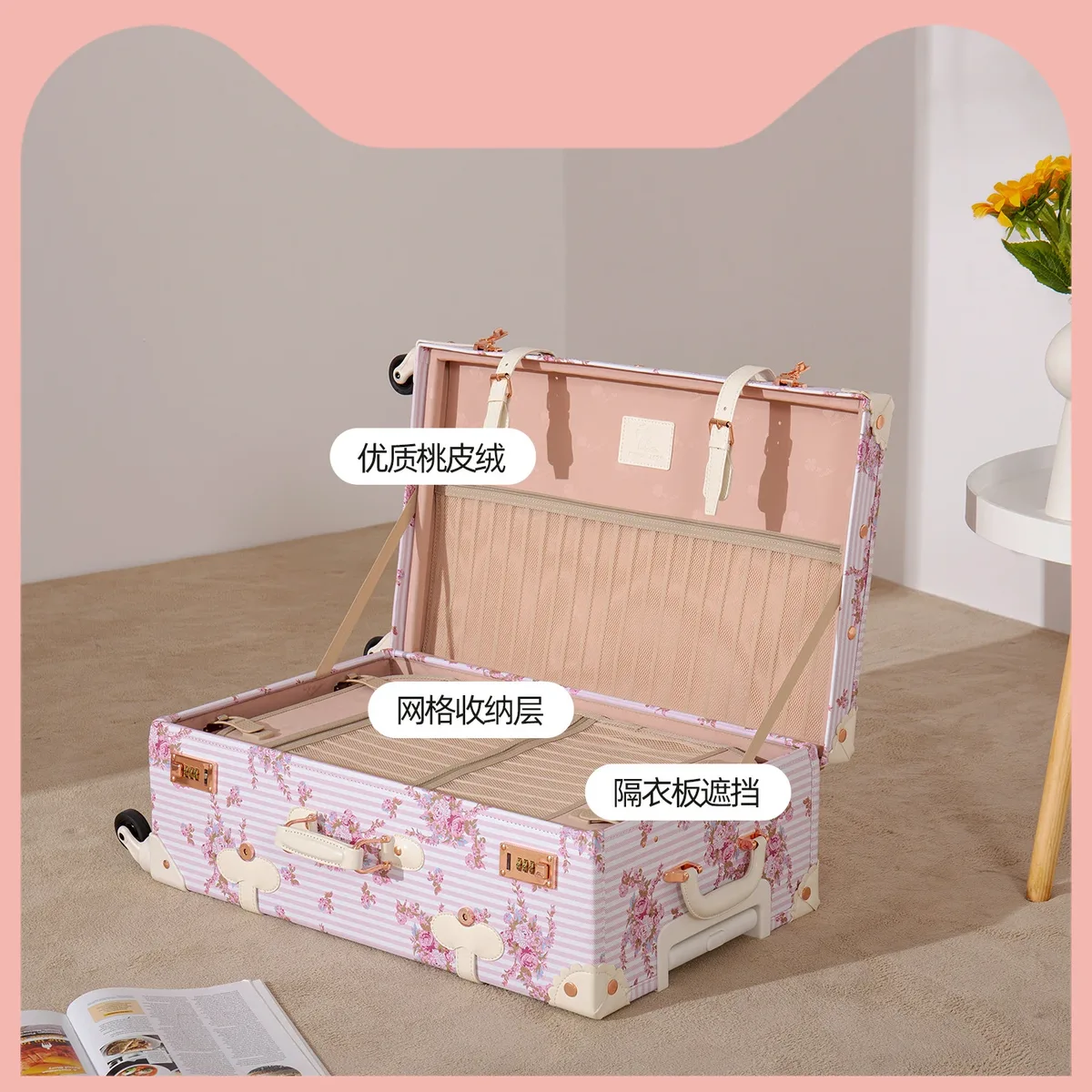 nouvelle valise de voyage vintage pour femme, ensemble sac à main et bagage à roulettes, motif floral tendance, roues universelles, 20/22/24/26 pouces