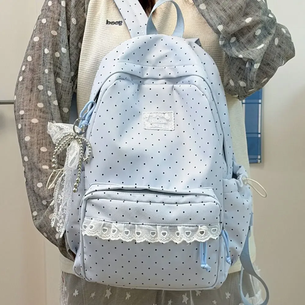 sac à dos y2k à pois, style minimaliste, grande capacité, avec dentelle, léger, design nœud, idéal pour étudiants, cadeau