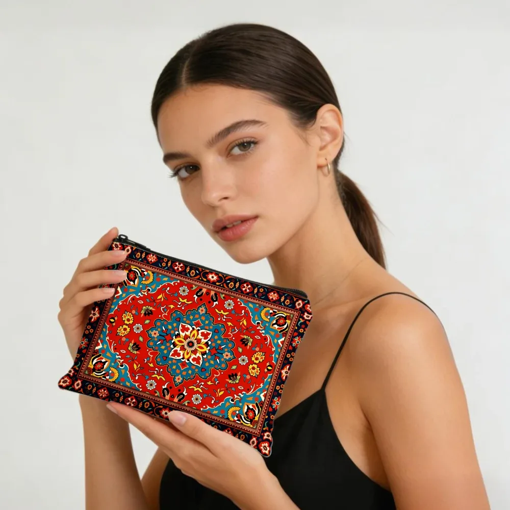 sacs de maquillage à motif floral mandala rouge et bleu pour filles, pochette à cosmétiques, trousse de toilette, trousse à crayons, rangement de voyage