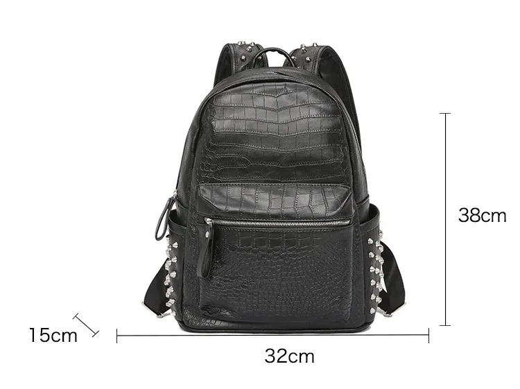sac à dos pour homme tendance avec rivets, grande capacité, motif crocodile, sac à dos pour ordinateur portable 15,6 pouces, sac de voyage décontracté, sac à dos en cuir pu noir