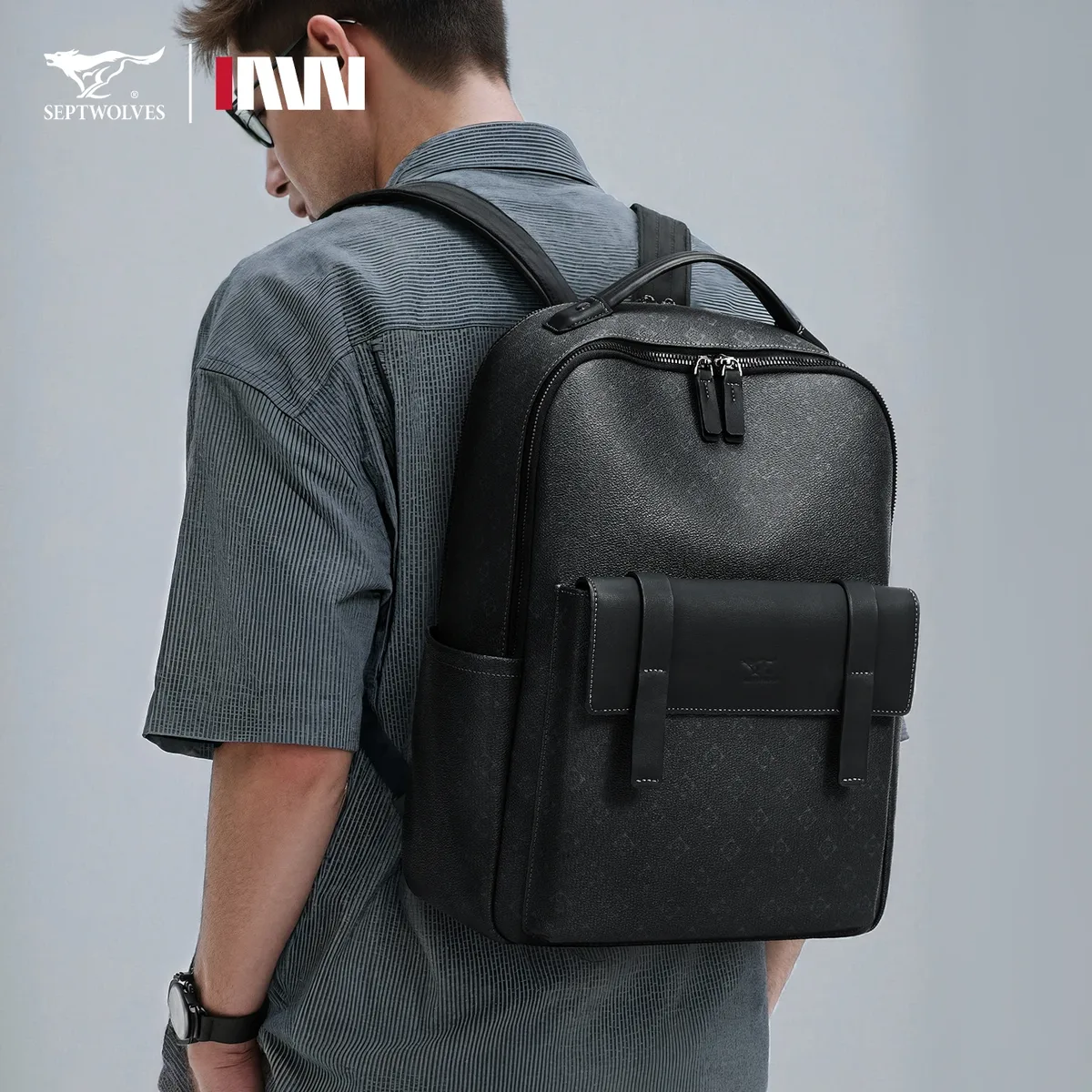 septwolves sac à dos en cuir de luxe pour hommes monogramme imprimé élégant sac à dos pour ordinateur portable 15 pouces sac de voyage noir sac à dos d'affaires