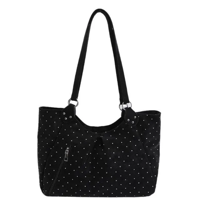 sac à bandoulière vintage grande capacité pour femme coréenne, motif pois, fourre-tout mignon avec fermeture éclair, sac à main décontracté pour l'école, le shopping et le travail