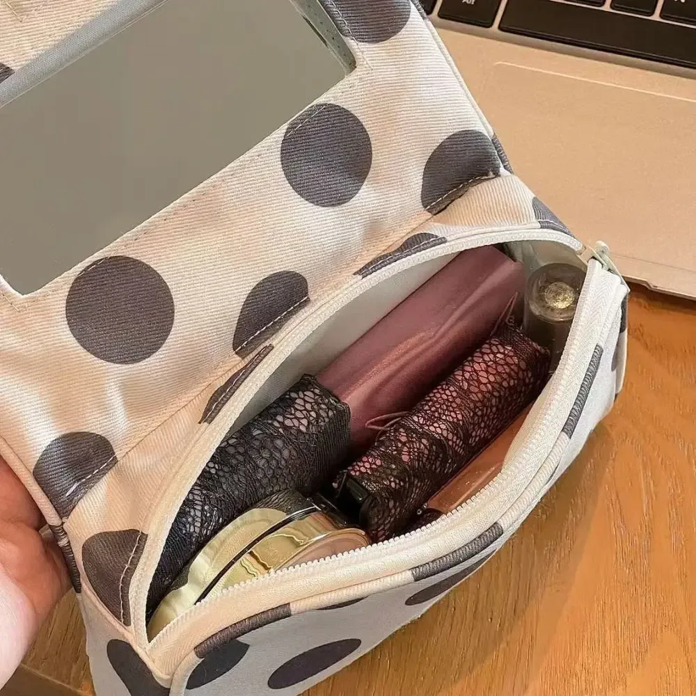 sac cosmétique portable en toile à pois, grande capacité, sac de rangement pour bijoux à rayures avec miroir de maquillage, multifonctionnel