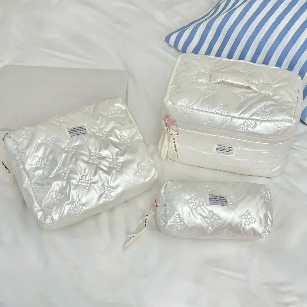 sac à cosmétiques en matériau pu, avec décoration en nœud, compartiment de rangement, trousse de toilette, sac à main multifonction à fermeture éclair, sac à maquillage, essentiel pour les voyages