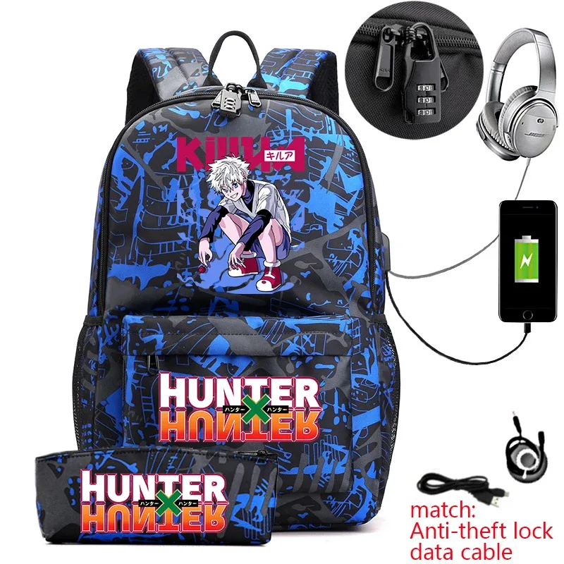 sac à dos hunter x hunter anime pour étudiants, sac à dos antivol décontracté avec trousse à crayons pour garçons et filles, sac d'école