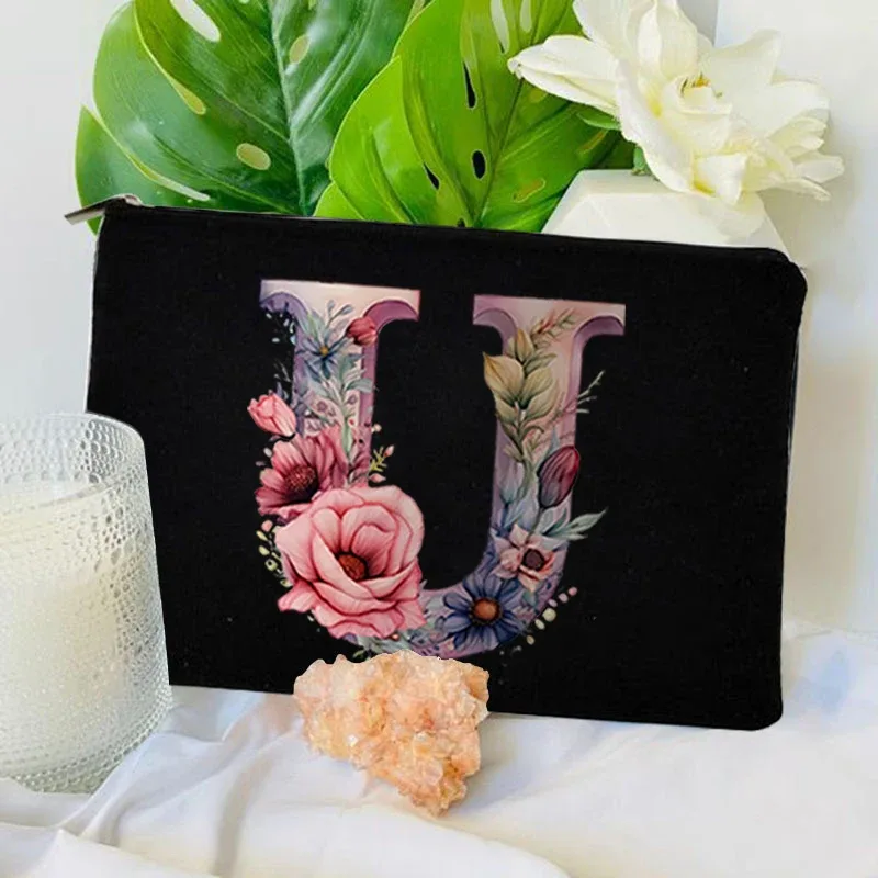 trousse toilette toile noire initiale fleurs maquillage femmes voyage sac cosmétiques intérieur uni poignée glissière