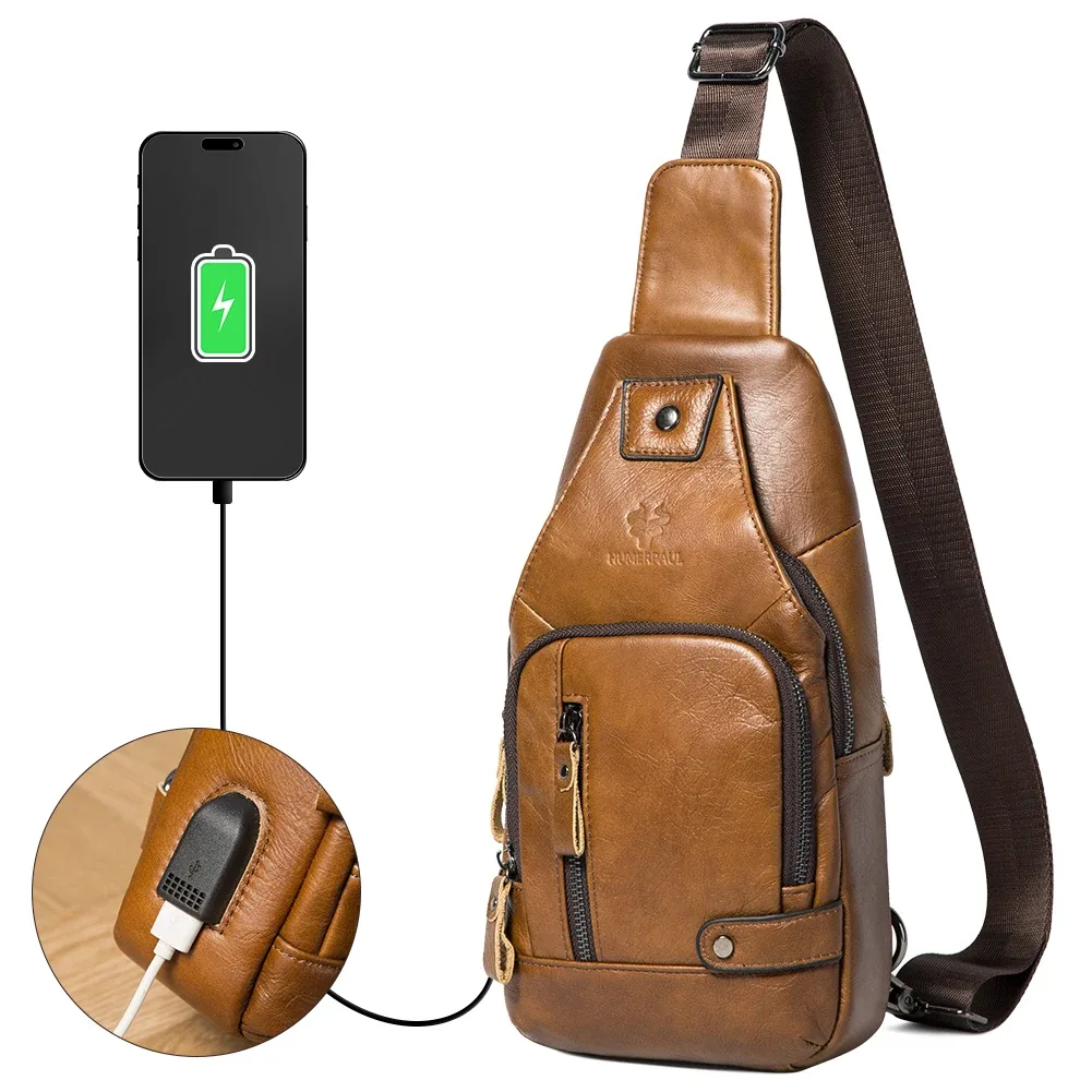 HUMERPAUL-Sac de poitrine USB pour homme, 100% cuir véritable, sacs à bandoulière initiés, sac de messager extérieur multifonction, mode