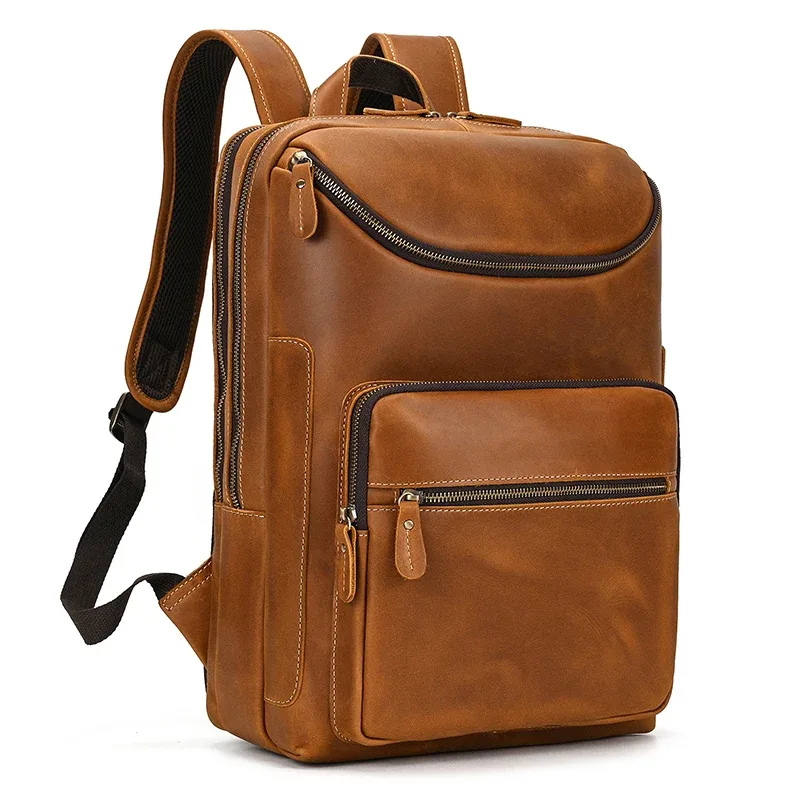 sac dos cuir vache marron cuir véritable poche intérieure zippée bandes support ajustables style décontracté capacité 20 35 litres