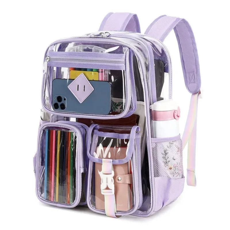 sac à dos transparent en pvc approuvé pour les stades, design transparent avec bretelles à coussin d'air, imperméable et résistant.