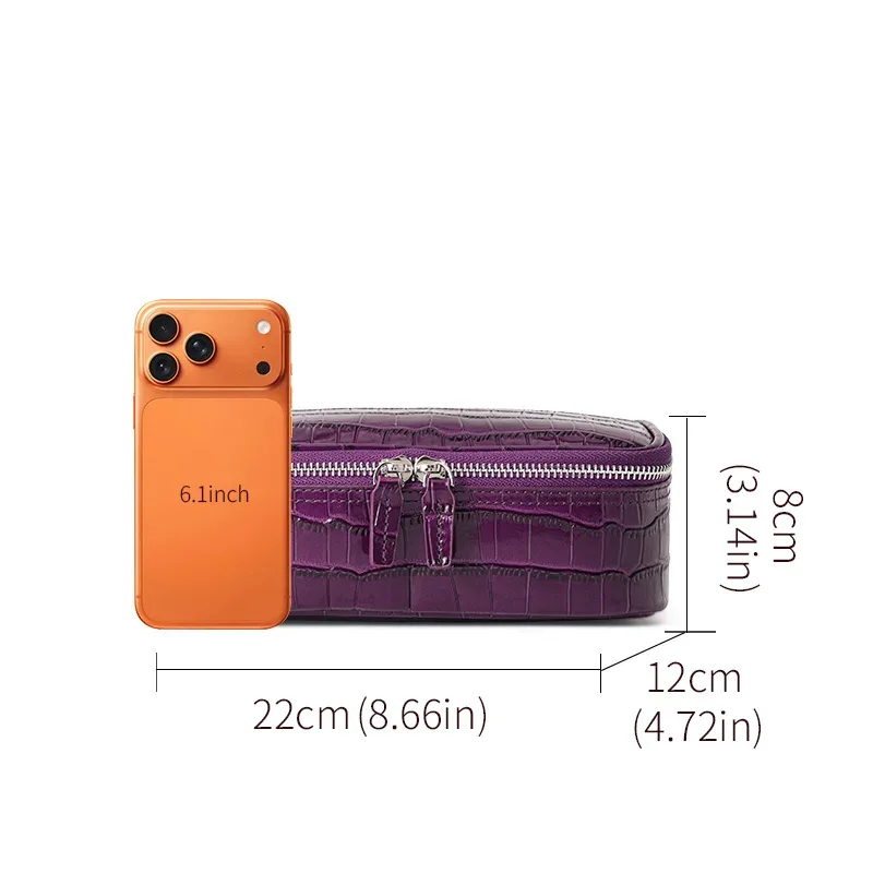 sac cosmétique en cuir véritable à motif crocodile violet pour femmes, sac de toilette de voyage portable, sac de rangement en cuir de vachette de haute qualité