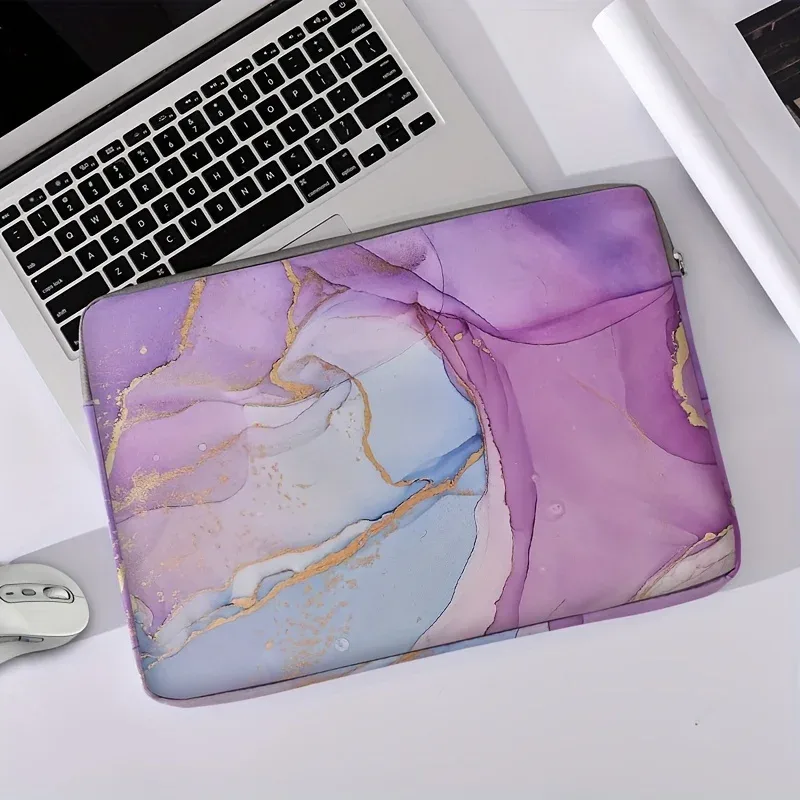 housse ordinateur portable motif marbré violet bleu doré polyester protection voyage rectangulaire fermeture glissière grisée porte documents usage travail école