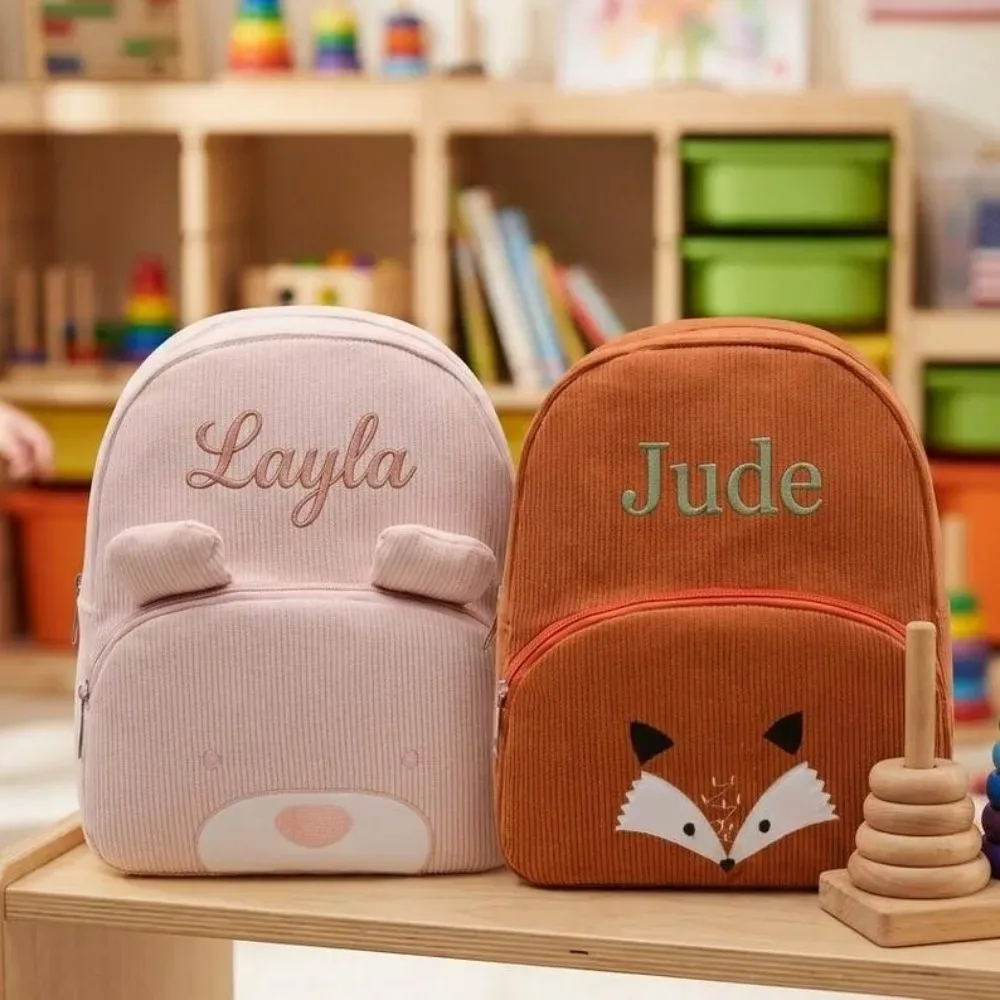 sac à dos personnalisé pour tout-petit avec nom brodé, motif ours de dessin animé, en velours côtelé, grande capacité, sac en peluche