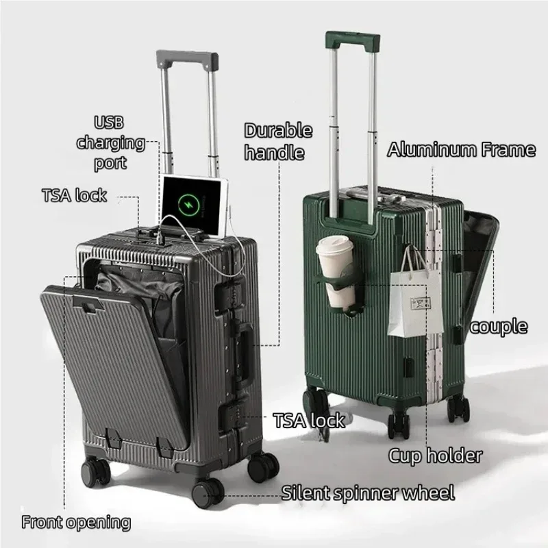 valise à cadre en alliage d'aluminium, poche d'ouverture avant avec prise de chargement usb, sac de boîtier de chariot à bagages roulant avec roue rotative